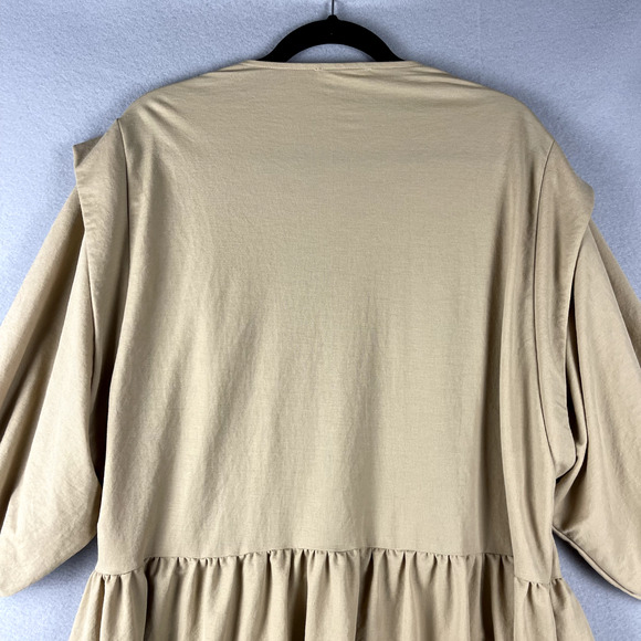 Mango Smock Mini Dress Women Large Tan V Neck Boho Relaxed Peasant Cottagagecore - Picture 11 of 14